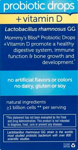 Mommy's Bliss Baby Probiotics + Vitamin D DropsSupports Digestive Health &amp Immune Function*400IU Vitamin DSupports Bone Development*Newborns+Flavorless0.34 Fl Oz (30 Servings)(Pack of 2)