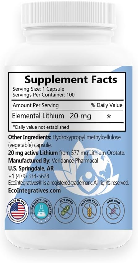 Lithium Oro 20 mg Supports Healthy Mood Emotional Wellness Behavior and Memory. Bioavailable 100 Caps (Elemental Lithium Orotate)