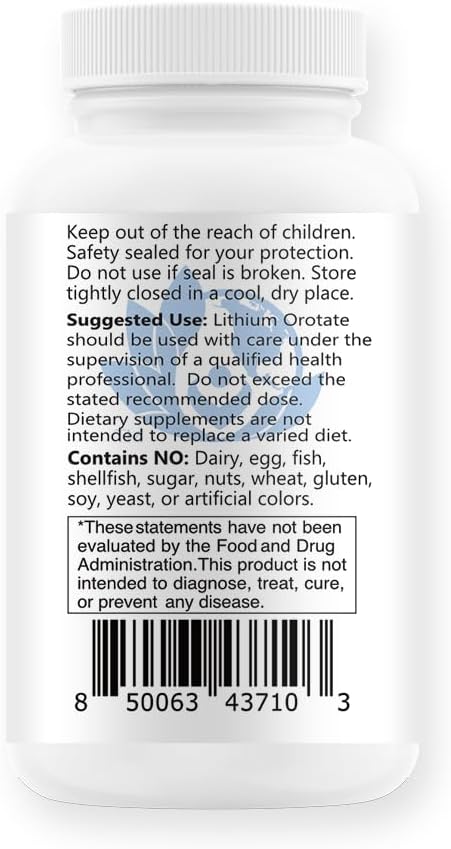 Lithium Oro 20 mg Supports Healthy Mood Emotional Wellness Behavior and Memory. Bioavailable 100 Caps (Elemental Lithium Orotate)