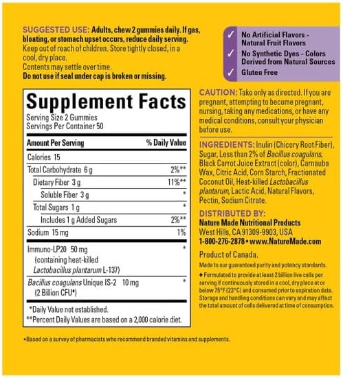 Nature Made Triple Action Biotic Gummy 100 Gummies Combined Prebiotic Probiotic and PostBiotic 50 Day Supply