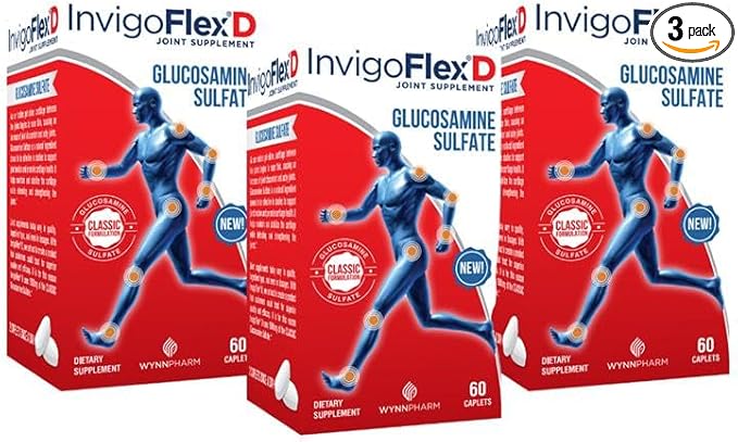 INVIGOFLEX® D - 1500mg of Glucosamine Sulfate (Classic Formulation) - Premium Joint Supplement for Knees Hands Back &amp Hip Support D: Glucosamine Sulfate Caplets - 60 Ct (Pack of 3)