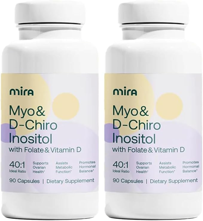 MIRA PCOS Supplement Myo Inositol &amp D-Chiro Inositol 40:1 Ratio Helps Promote Hormonal Balance and Support Ovarian Health &amp Metabolism 90 Capsules (30 Servings) 1 Bottle (Pack of 2)