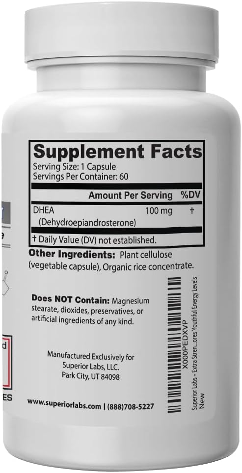 Superior Labs – Extra Strength Natural DHEA – Non-GMO 100 mg Dose 60 Vegetable Capsules – Promotes Healthy Aging in Men &amp Women – Helps Restores Youthful Energy Levels