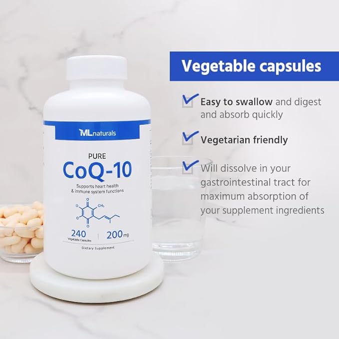 ML Naturals CoQ-10 200mg (Per Serving) – 240 Vegetable Capsules – Supports Heart Health &amp Energy Production