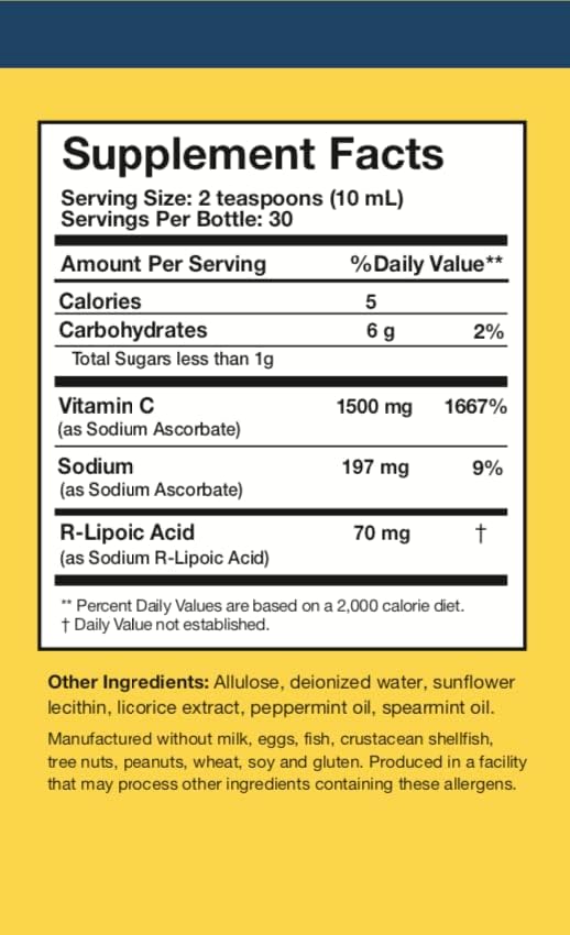 Researched Nutritionals C-RLA - Liposomal Vitamin C with R Lipoic Acid to Support Detox - Vegan &amp Soy-Free Vitamin C Liquid Peppermint Flavor (10 Fl Oz)