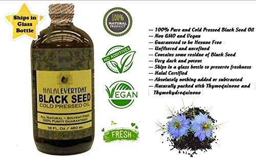 BLACK SEED OIL - 16 oz glass bottle. 100% Pure &amp Cold-pressed. Unfiltered Undiluted Raw. NON-GMO &amp Vegan Nigella Sativa (Black Cumin). Hexane &amp preservatives free. Dark &amp potent