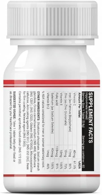 Iron Folic Acid Supplement with Vitamin C E B12 Zinc &amp Selenium for Men Women - 60 Tablets