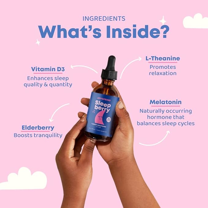 JoySpring Sleepberry Kids Melatonin 3 mg – Liquid Sleep Aid with L Theanine High Absorption Berry Drops (2 fl oz) 60 Servings Children's Melatonin with Vitamin D Kids Travel Essentials