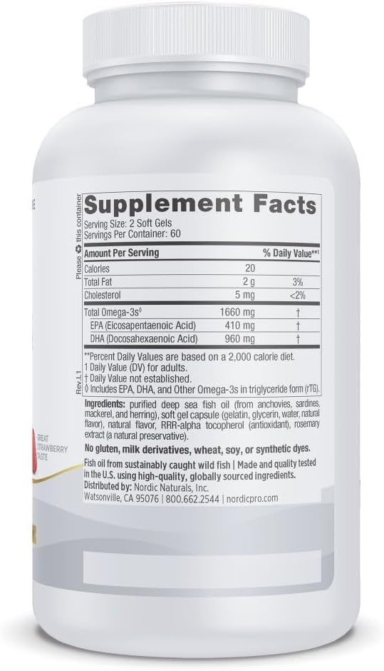 Nordic Naturals ProDHA 1000 Strawberry - 120 Soft Gels - 1660 mg Omega-3 - High-Intensity DHA Formula for Neurological Health Mood &amp Memory - Non-GMO - 60 Servings