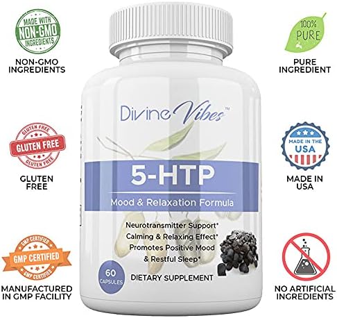 Divine Vibes 5-HTP 200mg Plus Calcium for Mood Sleep Stress Support - Boosts Serotonin Production - High Purity – 60 Capsules