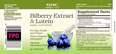 GNC Herbal Plus Bilberry Extract and Lutein Supplement Vegetarian Supports Eye and Vision Health 60 Servings