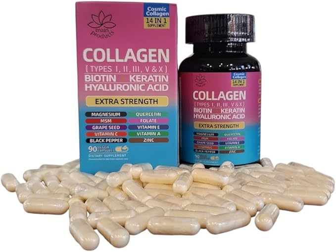 Collagen Peptides Types I II III V &amp X 64000 MCG 14 in 1 Biotin Keratin Hyaluronic Acid Magnesium MSM Grape Seed Vitamin A C &amp E Black Pepper Quercetin Folate Zinc (90 Veggie C