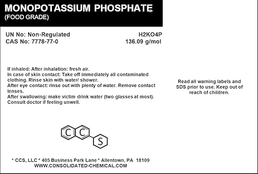 Monopotassium Phosphate | Food Grade | Kosher &amp Halal - 1 kg (2.2lbs.)