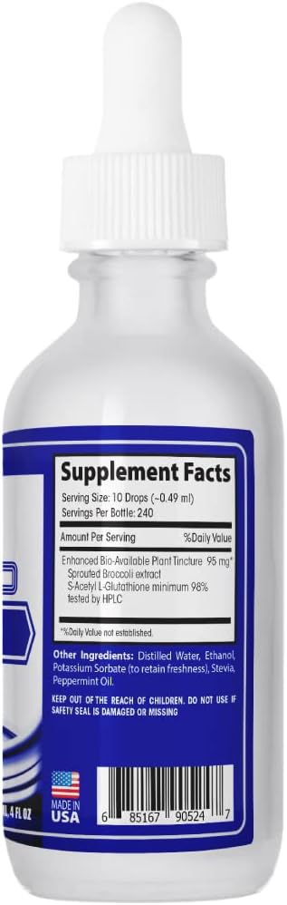 S-Acetyl L-Glutathione 95 mg 4 Oz Liquid 240 Servings Made in USA Quick Absorption Quality Potent Ingredients Non-GMO GMP Certified Cruelty-Free Products