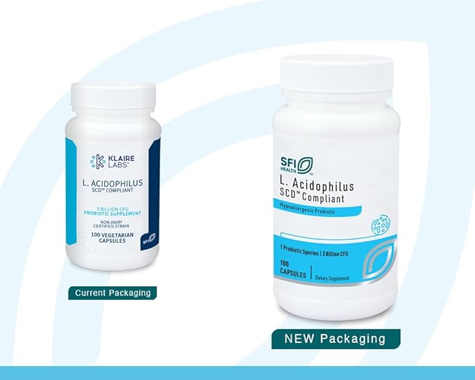 Klaire Labs SFI Health L. Acidophilus - 3 Billion CFU Lactobacillus Probiotic Pure SCD Compliant Formula for Men &amp Women Hypoallergenic &amp Non-Dairy (100 Capsules)