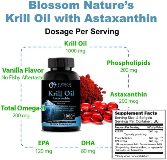 Antarctic Krill Oil 1000mg Softgels with Astaxanthin – Omega-3 EPA &amp DHA Supplement for Heart Brain and Joint Health in Form of Phospholipids– 60 Vanilla-Flavored Softgels
