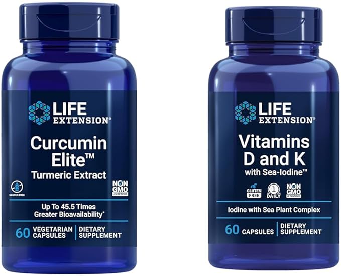 Life Extension Curcumin Elite Turmeric Extract Promotes a Healthy inflammatory Response &amp Vitamins D and K with Sea-Iodine Vitamin D3 Vitamin K1 and K2