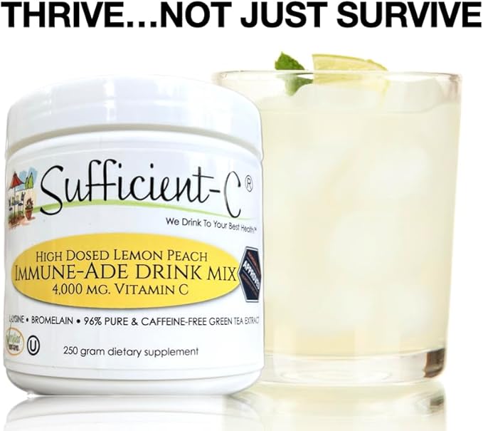 Sufficient-C High-Dosed 4000 mg. Vitamin C Lemon Peach Immune-Ade Drink Mix 250 gram Size - Refreshing with Generously Dosed L-lysine Bromelain &amp 96% Pure Caffeine-Free Green Tea Extract