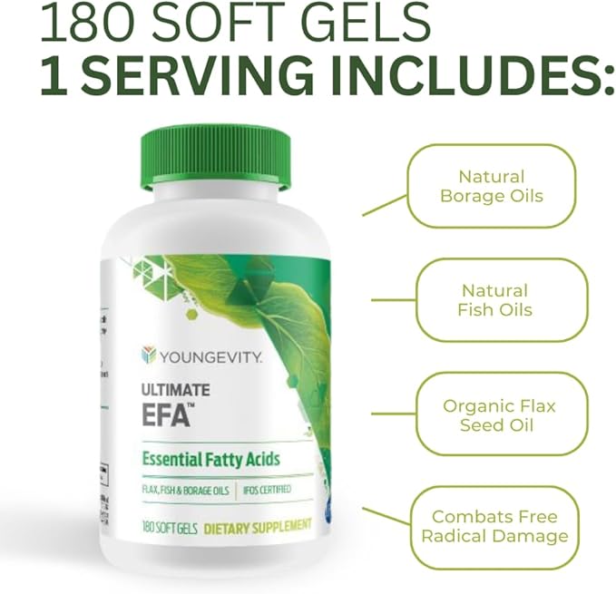 Youngevity Ultimate EFA - Organic Source of Essential Fatty Acids | Omega 3 6 &amp 9 | Made from Borage Flax &amp Fish Oil | 180 Count (180 Count (Pack of 1))