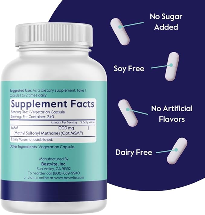 BESTVITE MSM 1000mg Made with OptiMSM (240 Capsules) - No Stearates - GMO Free - Gluten Free - Joint Support
