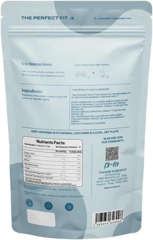 B-FIT B Magnesium Glycinate &amp Citrate - Supports Sleep and Muscle Recovery - Vegan - 496 mg -220 Capsules - 2 Month Supply