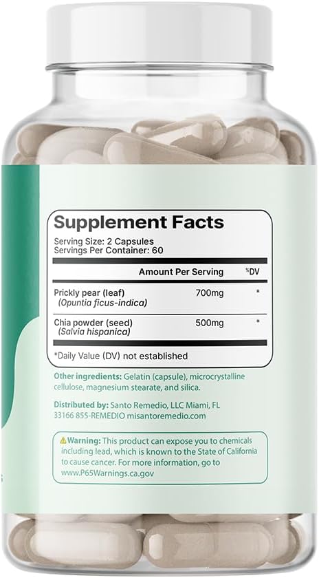 Santo Remedio Super Nopal Cactus Capsules with Chia – Prickly Pear Supplement Gluten Free Non-GMO No Added Sugar 120 Capsules (60 Servings) – Wellness Support Gift for Family