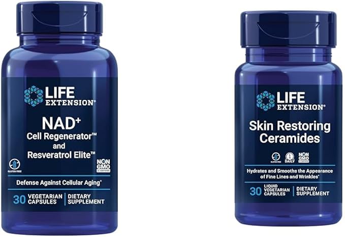 Life Extension NAD+ Cell Regenerator Resveratrol Elite Ceramides for Skin Hydration Fine Lines 30 Capsules