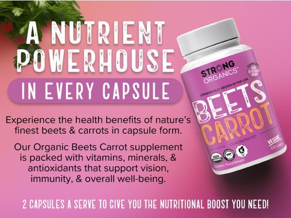 Organic Beet Root &amp Carrot Juice Powder Capsules – USA Grown Raw Cold Pressed – Nitric Oxide Eye Health Skin &amp Heart Support – Beta Carotene Whole Food Vitamin A – Vegan Non-GMO Kosher –