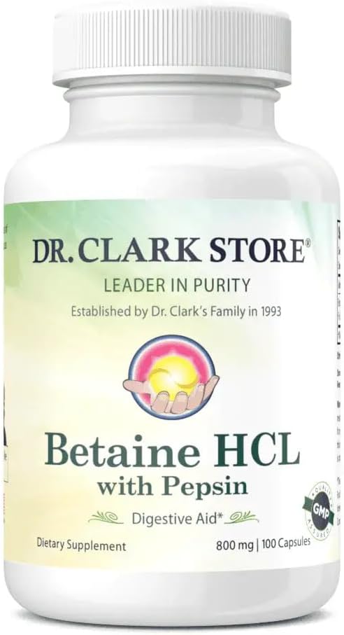 Dr. Clark Betaine HCL Supplement with Pepsin 800mg 100 Gelatin Capsules