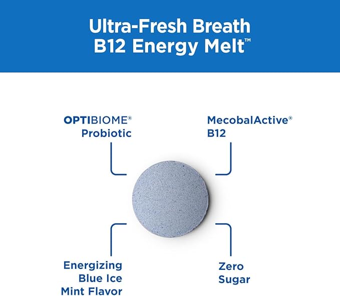 Ultra Fresh Breath B12 Energy Melts – 1000 mcg Methylcobalamin + Probiotics Zinc D3 &amp Biotin – Supports Energy Immunity Digestive Comfort &amp Oral Health - Mint Flavor Chewable Tablets – 60