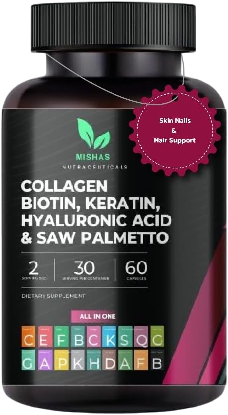 Multi Collagen Hair Pills - Biotin 10000mcg Keratin &amp Hyaluronic Acid - Hair Growth - Hair Skin &amp Nails Vitamins &amp DHT Blocker - Vitamin E Folic Acid Pumpkin Seed MSM Saw Palmetto 60 Ve