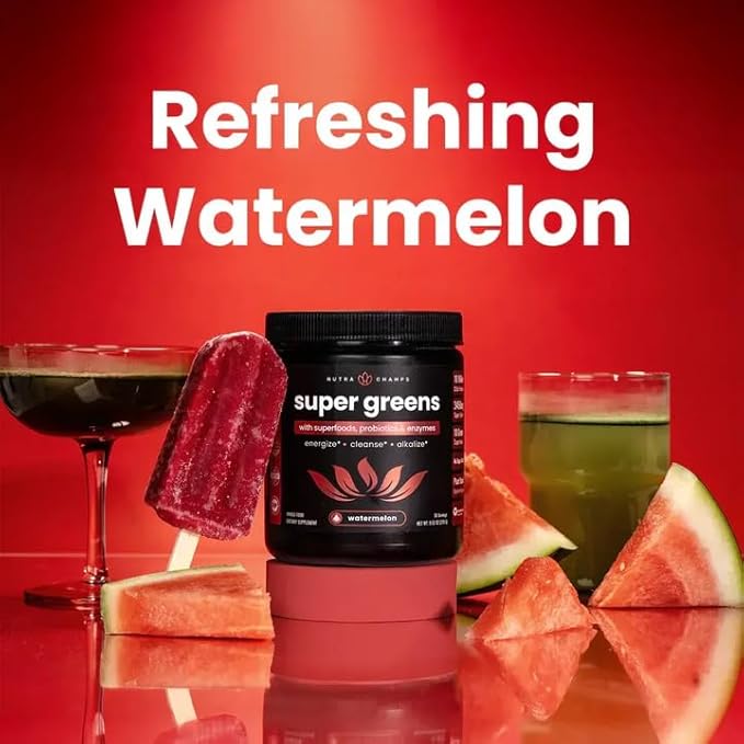 NutraChamps Super Greens Powder Premium Superfood | 20+ Organic Green Veggie Whole Foods | Alfalfa Spirulina Chlorella &amp More | Antioxidant Digestive Enzyme &amp Probiotic Blends | Watermelon