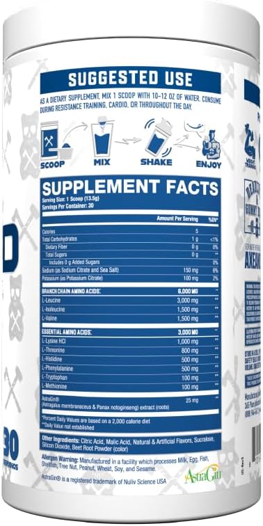 Axe &amp Sledge The Grind Essential Amino Acids |EAA &amp BCAA Powder |Muscle Recovery &amp Electrolytes for Hydration | Stimulant-Free Vegan | 30 Servings Deadlifts &amp Gummy Bears