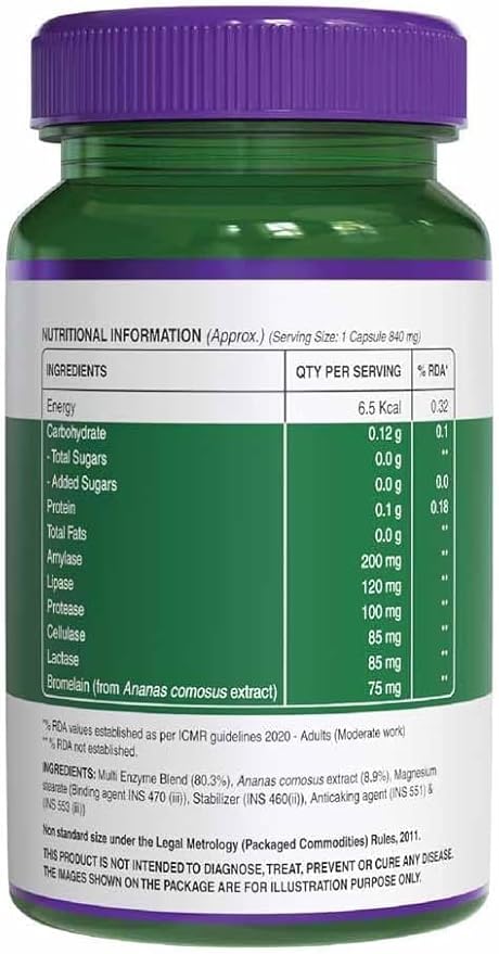 Digestive Enzymes 665mg (Amylase Lipase Protease Cellulase Lactase) with Bromelain| Better Bioavailability | Supports Digestion &amp Better Absorption of Food Nutrients - 60 Veg Capsules