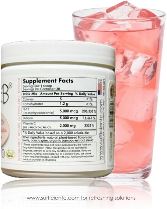 Sufficient-C 250 gram Vitamin C Immune-ade Drink Mix and Abundant-B high dose B-12 and Biotin Pink Lemonade Drink Mix Solution