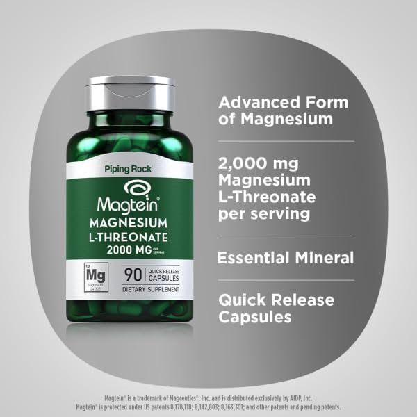 Piping Rock Magnesium L-Threonate Capsules 2000 mg | 90 Pills | Supplement for Men and Women with Magtein | Non-GMO Gluten Free