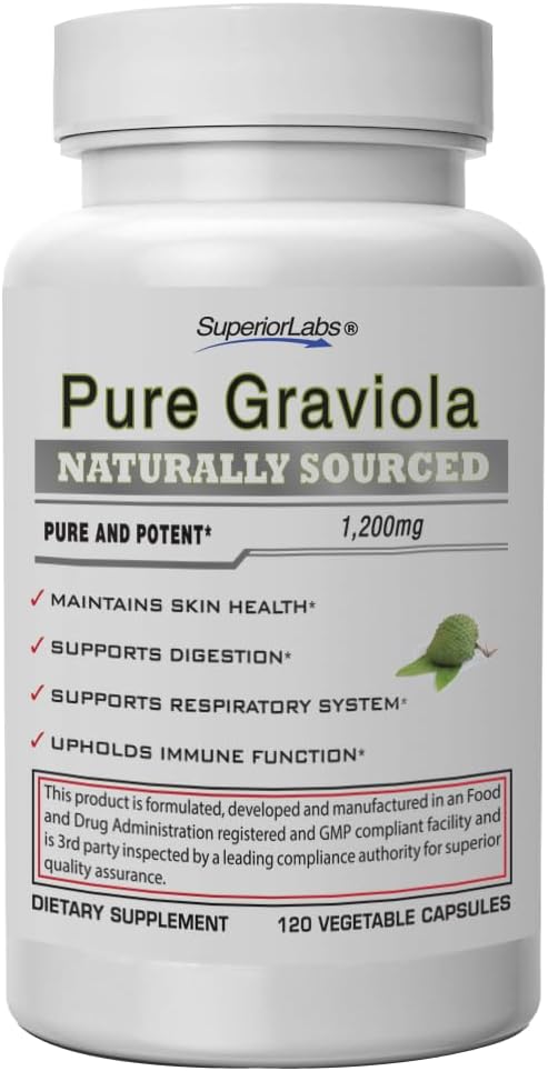 Superior Labs Graviola 1200mg Pure Natural Non-GMO Herbal Antioxidant Immune &amp Respiratory Support Promotes Healthy Skin Cell Growth &amp Balanced Mood High-Potency Extract 120 Veg Capsules