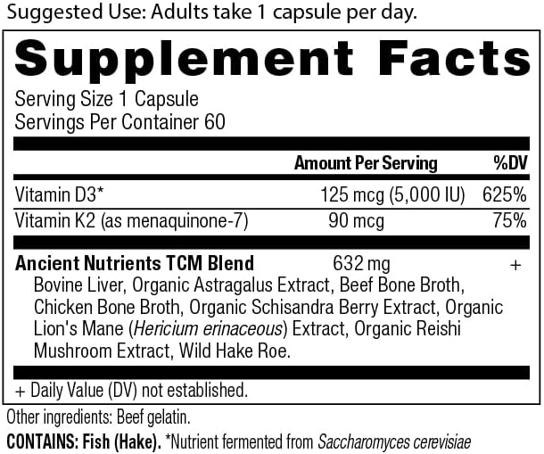 Ancient Nutrition Vitamin D Supplement 5000 IU Vitamin D for Immune Support Made from Bone Broth and Mushroom Extract Supports Healthy Inflammation Paleo and Keto Friendly 60 Capsules