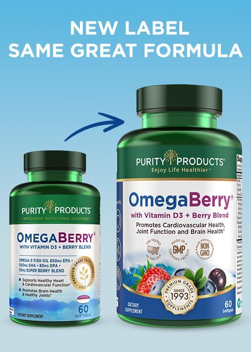 Purity Products OmegaBerry Fish Oil with Vitamin D3 and Organic Acai - 1250mg Concentrated Molecularly Distilled Ultra Pure Omega-3 Fish Oil 500mg DHA + 650mg EPA - 60 Soft Gels - 30 Day Supply from
