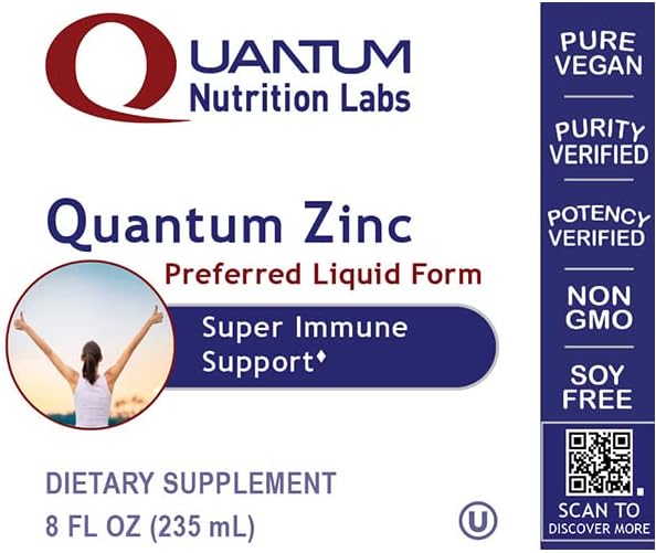 Quantum Nutrition Labs Liquid Zinc Supplement Drops - Zinc Sulfate Tincture for Adults 25mg per Serving Metabolic Function &amp Immune Support - 8 Fl Oz Bottle