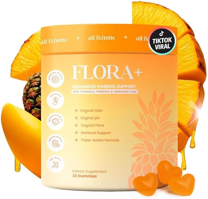Flora+ Women’s Vaginal Probiotic Gummies for pH Balance Odor and Freshness Support with Prebiotics &amp Hyaluronic Acid Sugar Free Pineapple Vegan Non-GMO | 30 Gummies