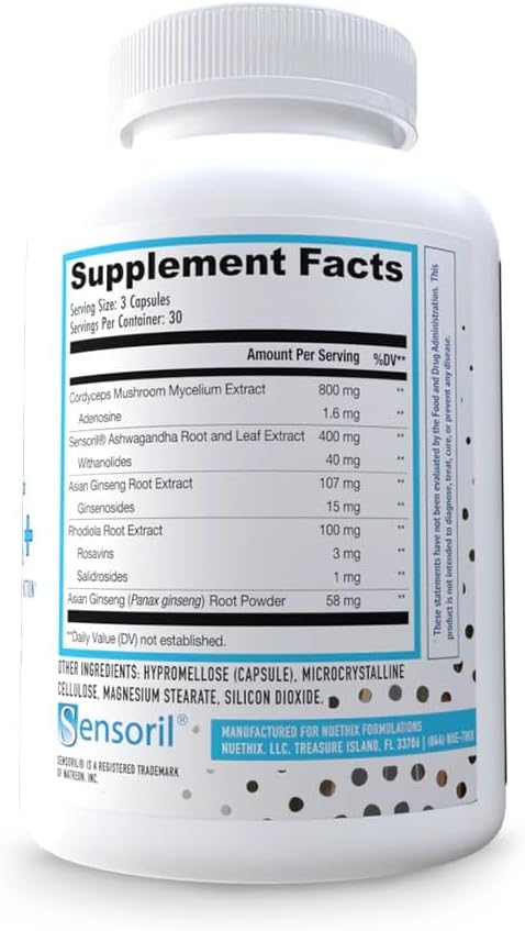 NuEthix Formulations Herbal Adrena+ Adrenal Support Supplements for Women &amp Men Cortisol Support Improve Energy Levels &amp Mood Includes Cordyceps &amp Ashwagandha Non-GMO Gluten Free 30