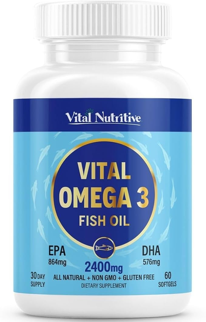 Vital Omega 3 Fish Oil Supplements 2400mg | 864mg EPA &amp 576mg DHA | 1440mg Total Omega-3 Fatty Acids | Promotes Brain &amp Heart Health | Non-GMO Gluten-Free Sugar-Free | Lemon | 30 Day Serving