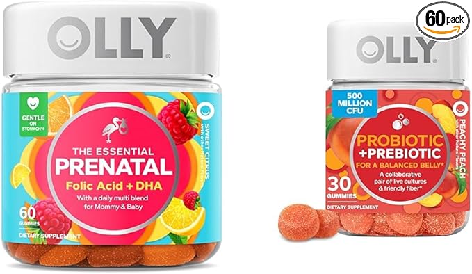 OLLY The Essential Prenatal Gummy Multivitamin 30 Day Supply (Gummies) Sweet Folic Acid &amp Probiotic + Prebiotic Gummy Digestive Support and Gut Health 500 Million CFUs Fiber