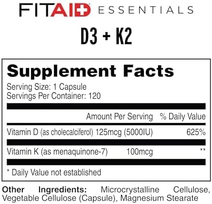FITAID Essentials Vitamin D3 K2 5000 IU Supplement 125mcg D3 + 100mcg K2 MK7 High Absorption VIT D3 and K2 Supplements for Athletes Bone Health &amp Immune Support 120 Veg Caps 4 Month Supply