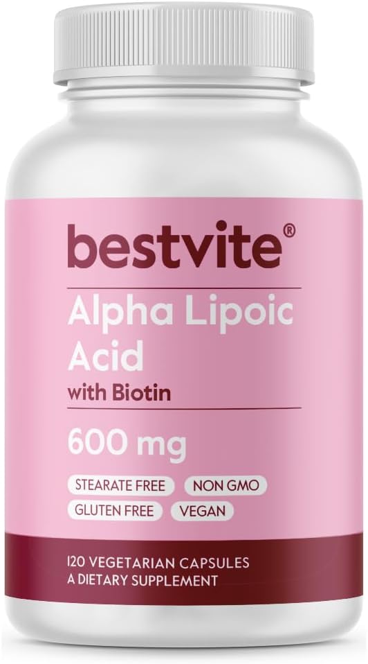 BESTVITE High Strength Alpha Lipoic Acid 600mg (per Capsule) with Biotin to Enhance Absorption (120 Vegetarian Capsules) - No Stearates - Vegan - Non GMO - Gluten Free