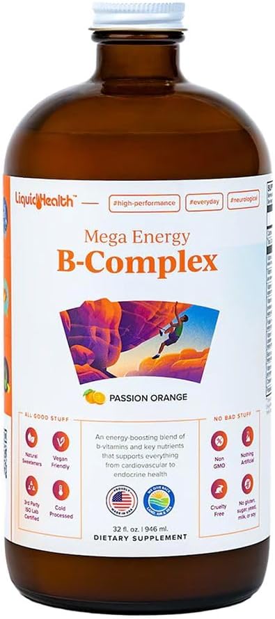 LIQUIDHEALTH Mega Energy Methylated B-Complex Adult Liquid Vitamin Supplement - Increase Energy Relieve Stress &amp Fatigue Immune Support Heart &amp Gut Health - Made in USA Vegan Sugar-Free