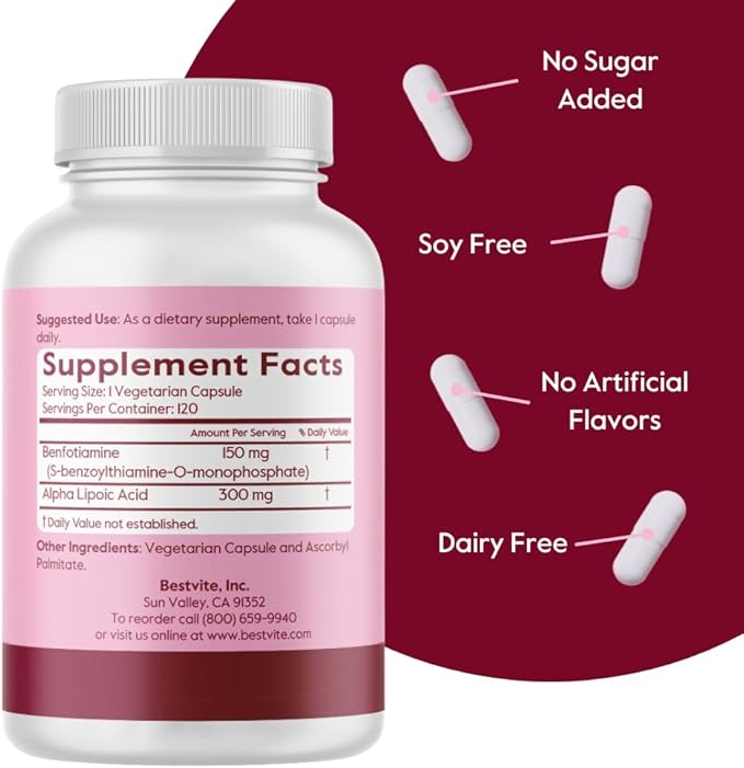 BESTVITE Benfotiamine 150mg / Alpha Lipoic Acid 300mg (240 Vegetarian Capsules)(120x2) - No Stearates - Vegan - Gluten Free - Non GMO