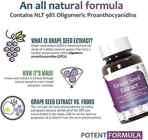 Grape Seed Extract 98% Polyphenols | 500 mg | Antioxidant Supplement Strengthens Immunity Promotes Healthy Skin and Hair | 90 Veg Capsules