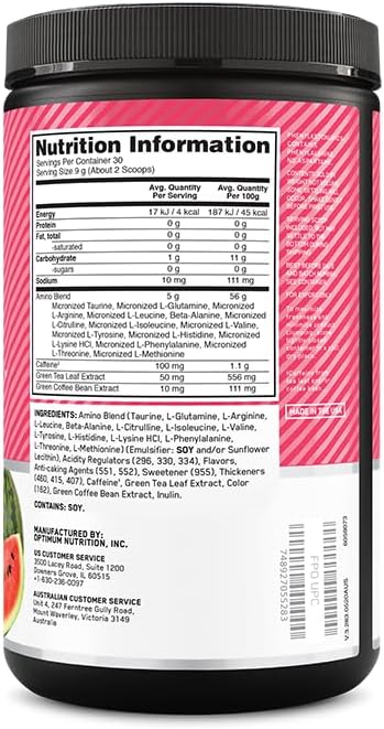 Optimum Nutrition Amino Energy - Pre Workout with Green Tea BCAA Amino Acids Keto Friendly Green Coffee Extract Energy Powder - Watermelon 65 Servings (Packaging May Vary) (Pack of 6)